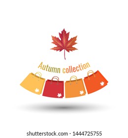 Design for autumn collections. Colorful bags with maple leaf. For the design of posters, banners, websites, shops, etc. Vector.