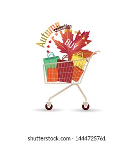 Design for autumn collections. Colorful bags in the shopping cart with maple leaf. For the design of posters, banners, websites, shops, etc. Vector.