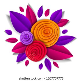 Design with autumn flowers and leaves paper cut style, vector floral illustration. Wedding invitation or fall seasonal romantic greeting card.
