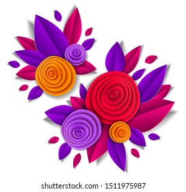 Design with autumn flowers and leaves paper cut style, vector floral illustration. Wedding invitation or fall seasonal romantic greeting card.