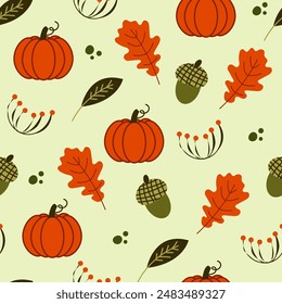 Design of autumn seamless pattern from elements of oak leaves, cherry, acorn, flowering twig, pumpkin. Bright pattern in flat style. For fabric, wrapping paper, wallpaper, as a background