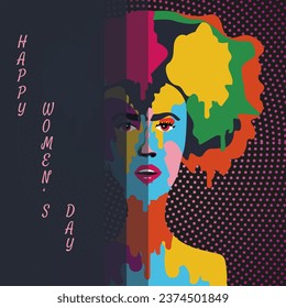 Design Avant-garde color poster with Abstract woman paint portrait. Design t-shirt print, card, banner, poster cover, Women's day postcard. Vector illustration.
