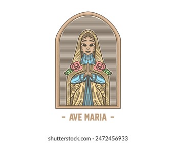 Design with the Ave Maria theme. With engraving style for t-shirts