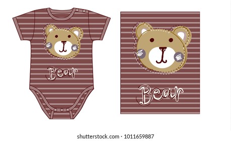 design of Baby boy bodysuit. technical sketch and artwork with print or applique of teddy bear face