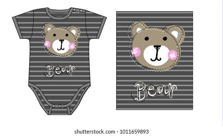 design of Baby boy bodysuit. technical sketch and artwork with print or applique of teddy bear face