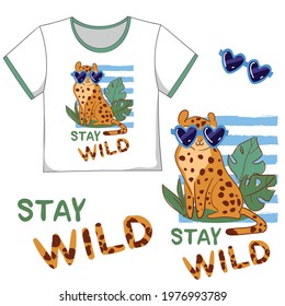 Design of baby print for T-shirt. Cute Leopard in sunglasses tropical illustration vector. Sketch of children's T-shirt 
