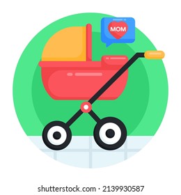 Diseño de un coche de bebé en un icono redondo plano

