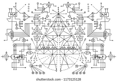 Design background with abstract symbols. Esoteric, occult and Halloween concept with sacred geometry elements, graphic vector illustrations for music album cover, t-shirts