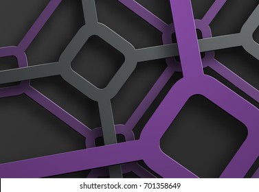 Design background with a cobweb of black and purple lines and rhombuses at their intersection. Abstract grid template for posters, flyers or sites. Vector illustration