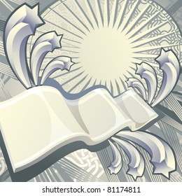 Design background with dimensional shapes, patterns, stars, sun and rays. Contemporary vs vintage style abstract vector illustration.