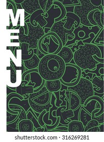 Design background doodle of pizza with ingredients. Sketch vegetables for the entire backdrop. Detailed pizza. Illustration for the restaurant menu. Design menus. Cartoon fast food