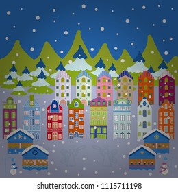 For design background. A fairytale village with bright houses and trees, hills, mountans, snowman. Vector illustration. Panorama on blue, neutral and green colors.