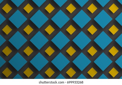 Design background with floating blue and yellow rhombuses of different sizes. A backdrop template for a poster, flyer, website or banner. Vector illustration