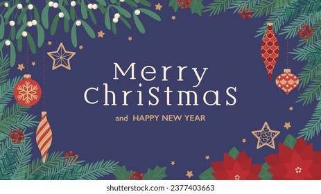 Marco de diseño decorado con adornos navideños, abetos, mistletos y poinsettia	
