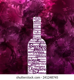 design background of grape and wine stains. Wine bottle with texts Bacchus (god of wine)