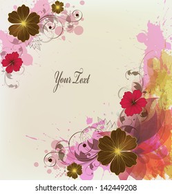 Design background with hand drawn vintage flowers and colorful  blots. Vector design