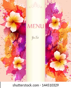 Design background with hand drawn vintage flowers and colorful blots. Vector design
