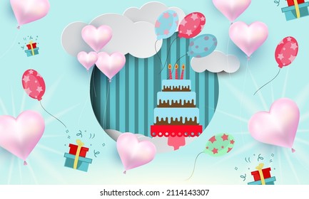 Design background Happy Birthday with hearts and clouds and cake. Vector illustration. Wallpaper.flyers, invitation, posters. Images vectorielles