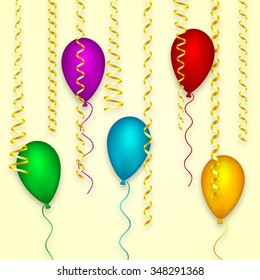 Design background happy birthday party, holiday decoration carnival festival. Streamer ribbon spiral. Color pink yellow blue red green. Vector illustration
