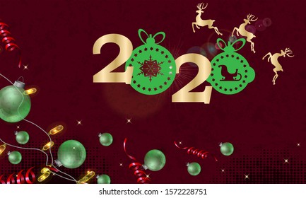 Design background Happy New Year 2020 with Christmas balls toys and deers. vector illustration.