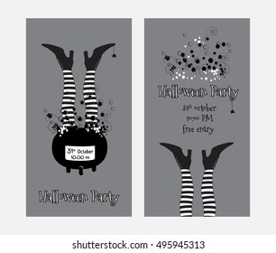 Design background for invitation on halloween night party or card, poster, flyer. Scary black and white vector illustration feet in the boiler. The front and back side of the invitation on Halloween.