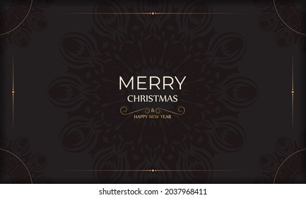 Design background with with orange winter ornament. Merry christmas template banner with orange winter vintage ornaments in black.