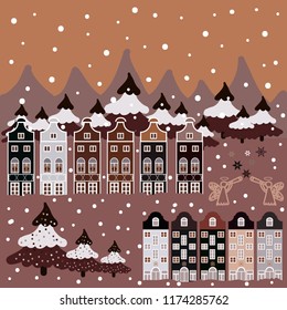 For design background. Panorama on beige, pink and neutral colors. A fairytale village with bright houses and trees, hills, mountans, snowman. Vector illustration.