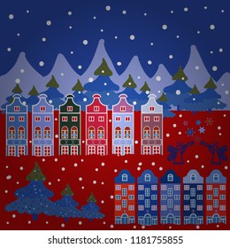 For design background. Panorama on blue, red and neutral colors. A fairytale village with bright houses and trees, hills, mountans, snowman. Vector illustration.