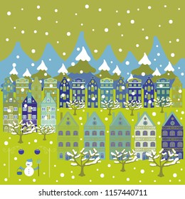 For design background. Panorama on green, yellow and blue colors. A fairytale village with bright houses and trees, hills, mountans, snowman. Vector illustration.