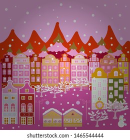 For design background. Panorama on neutral, orange and pink colors. Vector illustration. A fairytale village with bright houses and trees, hills, mountans, snowman.