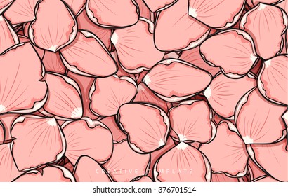 Design background with pink rose petals in sketch style. Fashionable design with flowers petals poster print. Greeting card with roses petals. Sketch background. Ornamet with petals