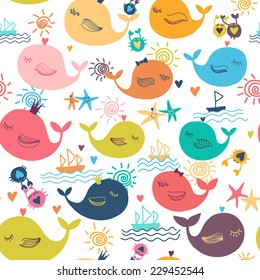 Design background texture with marine animals. Colorful whale Illustration  Vector illustration with sun, whale, starfish, ship, crabs and waves