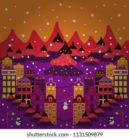For design background. Vector illustration. Panorama on purple, orange, red and pink colors. A fairytale village with bright houses and trees, hills, mountans, snowman.