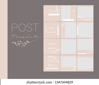 Design Backgrounds For Social Media Banner.Set Of Instagram Post Frame Templates.Vector Cover. Mockup For Beauty Blog Or Cosmetic Shop. Endless Square Beige Puzzle Layout For Promotion.