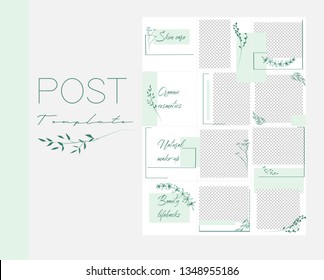  Design backgrounds for social media banner.Set of Instagram post frame templates.Vector cover. Mockup for beauty blog or cosmetic shop. Endless square green puzzle layout for promotion.