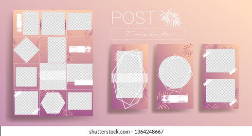  Design Backgrounds For Social Media Banner.Set Of Instagram Post Frame Templates.Vector Stories Cover. Mockup For Personal Blog Or Shop. Endless Square Puzzle Layout For Promotion.