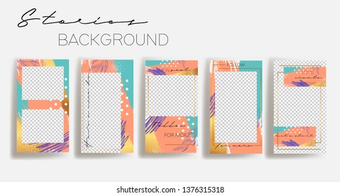  Design backgrounds for social media banner.Set of instagram stories frame templates.Vector cover. Mockup for personal blog or shop.Layout for promotion.