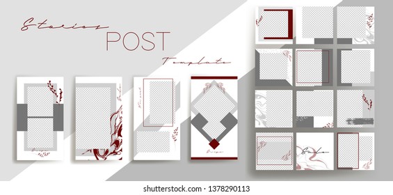  Design backgrounds for social media banner.Set of instagram stories and post frame templates.Vector cover. Mockup for personal blog or shop.Layout for promotion.Endless square puzzle layout for promo