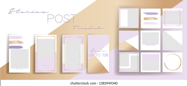  Design backgrounds for social media banner.Set of instagram stories and post frame templates.Vector cover. Mockup for personal blog or shop.Layout for promotion.Endless square puzzle.