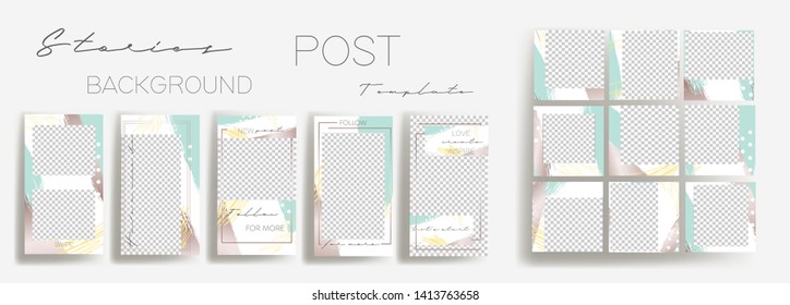  Design backgrounds for social media banner.Set of instagram  stories and  post frame templates.Vector cover. Mockup for personal blog or shop.Layout for promotion.Endless square puzzle.