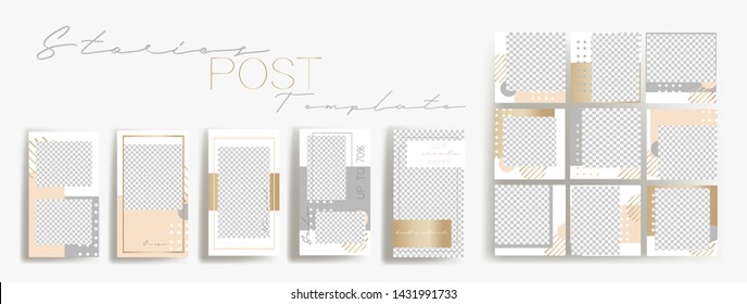 Design Backgrounds For Social Media Banner.Set Of Instagram Stories And Post Frame Templates.Vector Cover. Mock Up For Personal Blog Or Shop.Layout For Promotion.Endless Square Puzzle Layout For Promo
