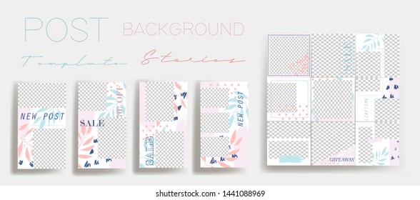 Design backgrounds for social media banner.Set of instagram stories and post frame templates.Vector cover. Mock up for personal blog or shop.Layout for promotion.Endless square puzzle layout for promo