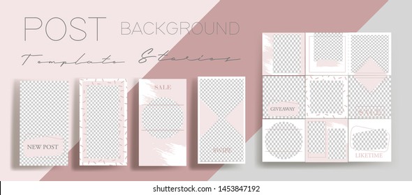 Design backgrounds for social media banner.Set of instagram stories and post frame templates.Vector cover. Mock up for personal blog or shop.Layout for promotion.Endless square puzzle layout for prom