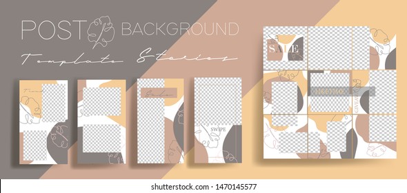 Design Backgrounds For Social Media Banner. Set Of  Instagram Stories And Post Frame Templates.Vector Cover. Mock Up For Personal Blog Or Shop.Layout For Promotion.Endless Square Puzzle Layout