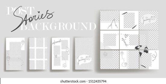  Design backgrounds for social media banner.Set of instagram stories and post frame templates.Vector cover. Mockup for personal blog or shop.Layout for promotion.Endless square puzzle.