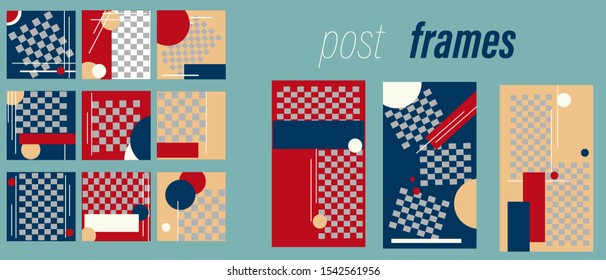 Design backgrounds for social media banner.Set of  stories and post frame templates.Vector cover. Mockup for personal blog or shop.Layout for promotion.Blue Red White  Color Design.