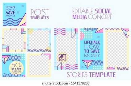 Design backgrounds for social media banner.Set of frames and post frame templates.Vector  Memphis cover. Template for personal blog or shop.Layout for promotion.Endless square puzzle.