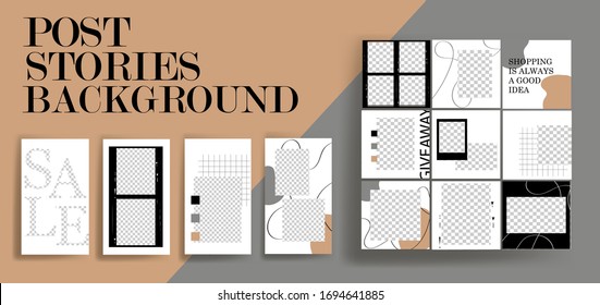  Design Backgrounds For Social Media Banner.Set Of Instagram Stories And Post Frame Templates.Vector Cover. Mockup For Personal Blog Or Shop.Layout For Promotion.Endless Square Puzzle.