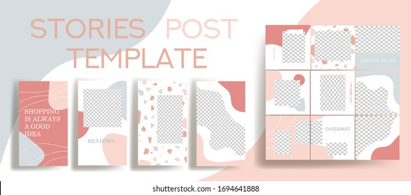  Design Backgrounds For Social Media Banner.Set Of Instagram Stories And Post Frame Templates.Vector Cover. Mockup For Personal Blog Or Shop.Layout For Promotion.Endless Square Puzzle.