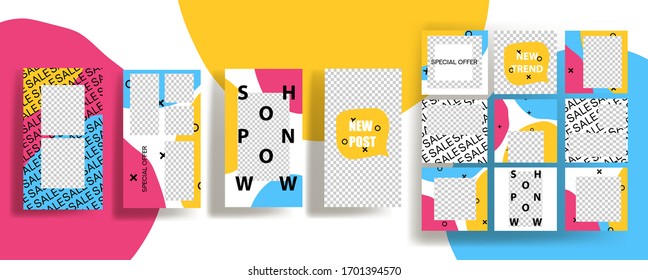 Design backgrounds for social media banner. Set of instagram stories and post frame templates.Vector cover. Mock up for personal blog or shop.Layout for promotion.Endless square puzzle layout